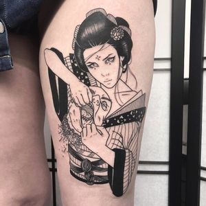 Tattoo by Silly Jane #SillyJane #darkarttattoos #darkart #evil #horror #dark #blackwork #NeoJapanese #Japanese #illustrative #linework #severedhead #geisha #kimono