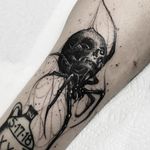 Tattoo by Brandon Herrera #BrandonHerrera #darkarttattoos #darkart #evil #horror #dark #spider #llustrative #skull #spiderweb