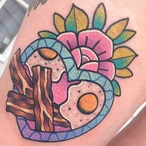 Tattoo by Kelly McGrath #KellyMcGrath #foodtattoos #foodtattoo #food #eat #bacon #eggs #breakfast #heart #rose #flower #floral #color #newschool #neotraditional