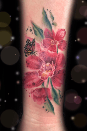 Watercolor orchids and butterfly