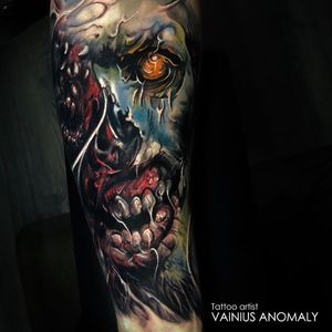 Tattoo by Vainius Anomaly #VainuisAnomaly #darkarttattoos #darkart #evil #horror #dark #color #zombie #skull #death