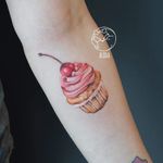 Tattoo by Alida Coloree #AlidaColoree #foodtattoos #foodtattoo #food #eat #realism #realistic #cupcake #cake #dessert #cherry
