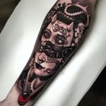 Tattoo by Cristian Casas #CristianCasas #darkarttattoos #darkart #evil #horror #dark #portrait #ladyhead #Hannya #dragon #horns #neotraditional