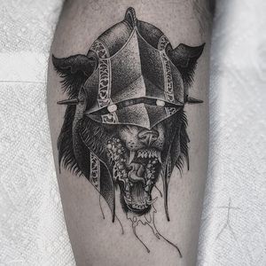 Tattoo by Christopher Jade #ChristopherJade #darkarttattoos #darkart #evil #horror #dark #dotwork #illustrative #linework #wolf #armor #helmet #blackwork