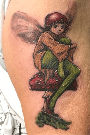 Had fun with this little fairy today 🍄 based on an illustration by Cicely Mary BarkerDone using @ezcartridgecouk @fusion_ink @bishoprotary @butterluxe_uk @saviourtattoosupplies #tattoo #fairy #toadstool #colourful #tattooartist #uktattoo #skindeep #folklore #magic #ezcartridgecouk #fusionink #butterluxe_uk #bishopmagi #saviourtattoosupplies #heathenink #oldham #manchester