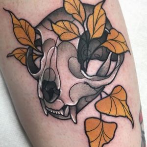 Tattoo by Rachel Behm #RachelBehm #falltattoos #falltattoo #fall #season #nature #weather #skull #animalskull #leaf #neotraditional #plant #death