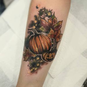 Tattoo by Gemma May #GemmaMay #falltattoos #falltattoo #fall #season #nature #weather #pumpkin #leaves #plants #jackolantern