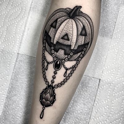 Tattoo by Angelo Parente #AngeloParente #falltattoos #falltattoo #fall #season #nature #weather #jackolantern #jewel #pearls #gems #ornamental #pumpkin #plant