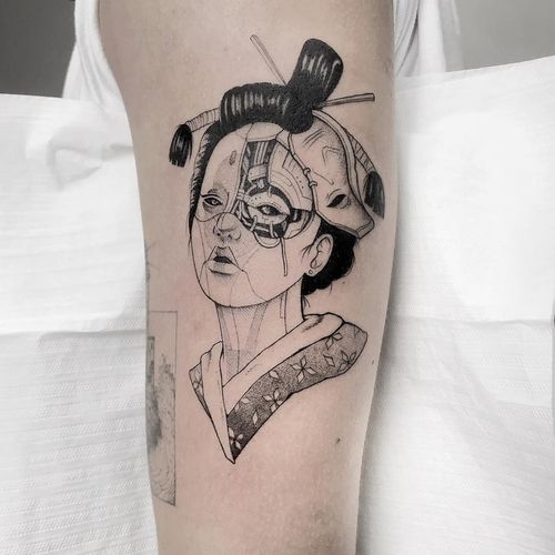 Tattoo by Marcel Meira #MarcelMeira #SciFitattoos #scifi #sciencefiction #blackwork #illustrative #linework #dotwork #ghostintheshell #robot #cyborg #geisha #japanese