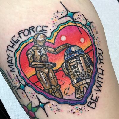 Tattoo by Kelly McGrath #KellyMcGrath #SciFitattoos #scifi #sciencefiction #StarWars #C3PO #R2D2 #newschool #illustrative #maytheforcebewithyou #sparkle #color #heart #robot #cyborg