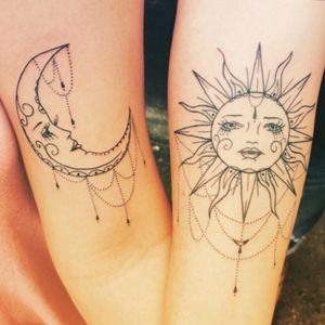 Ornamental, femme sun and moon on shoulders 