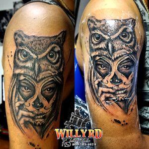 Tattoo catrina y búho en el brazo.  By @willytattoo_rd 