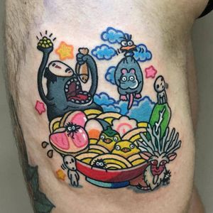 Tattoo by Clara McMurphy #ClaraMcMurphy #kawaiitattoos #kawaiitattoo #kawaii #cute #SpiritedAway #PrincessMononoke #forestspirit #ramen #food #kodama #Color #newschool #anime #studioghibli