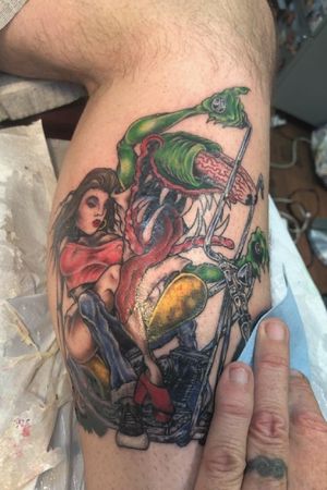 Color on lowbrow monster motorcycle tattoo