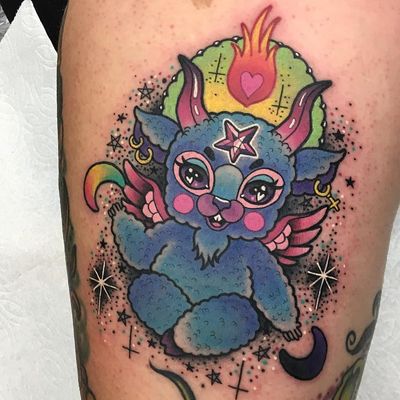 Tattoo by Roberto Euan #RobertoEuan #kawaiitattoos #kawaiitattoo #kawaii #cute #color #devil #demon #newschool #sparkle #moon #Baphomet #horns #goat #fire #heart #satan