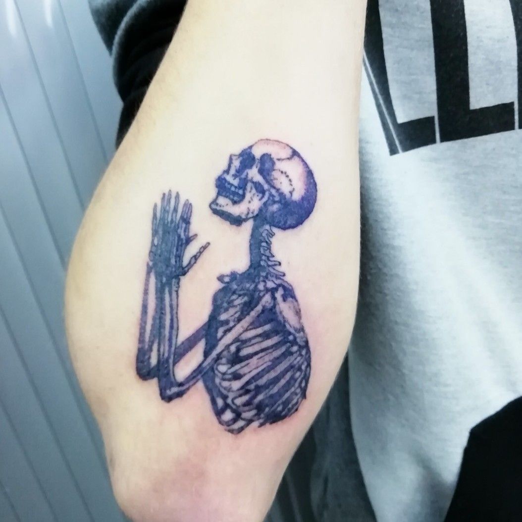 Praying Skeleton by George Campise  Warhorse Tattoo in Berkeley CA  r tattoos