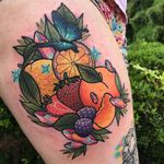 Tattoo by Kelly McGrath #KellyMcGrath #kawaiitattoos #kawaiitattoo #kawaii #cute #color #fruit #orange #strawberry #peach #gem #crystal #sparkle #newschool #food #foodtattoo