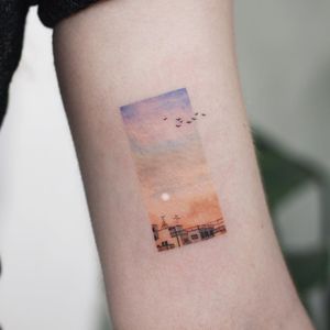 Tattoo by Saegeem #Saegeem #besttattoos #best #favorite #landscape #sky #birds #sunset #cityscape #watercolor #color #realism #realistic