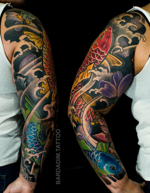 Japanese tattoo. Japanese sleeve. Koi tattoo #japanesetattoo #koi #japanesesleeve #fullsleeve #irezumi #lotus 