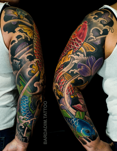 Japanese tattoo. Japanese sleeve. Koi tattoo #japanesetattoo #koi #japanesesleeve #fullsleeve #irezumi #lotus 