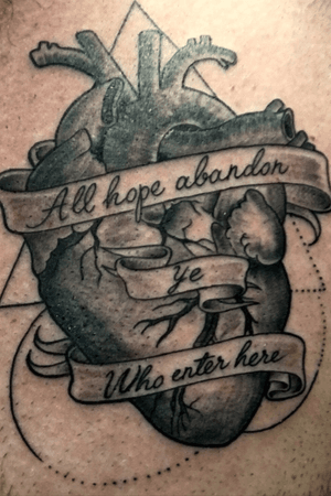 Anatomical Heart with geometrics and banner quote “All Hope Abandon Ye Who Enter Here”