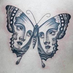 Tattoo by Ana and Camille #AnaandCamille #portraittattoos #portraittattoo #portrait #face #ladyhead #tear #butterfly #wings #insect #animal