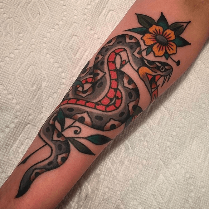 American Traditional snake and dagger by Mike Shaw at Ink Therapy  Plainfield Indiana  rtattoos