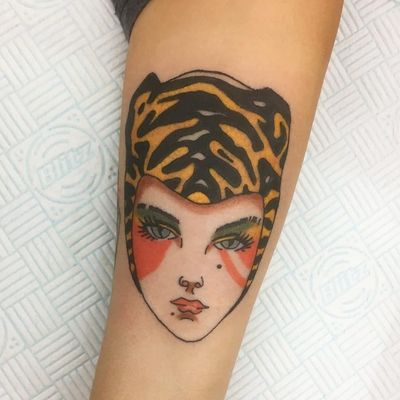 Tattoo by Richeler #Richeler #cattattoos #cattattoo #kittytattoo #kitty #cat #petportrait #animal #nature #color #ladyhead #lady #cheetah #leopard #traditional