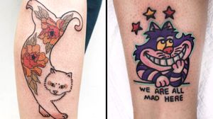 Tattoo on the left by Jesse Germs and tattoo on the right by Red Lip Tattoo #JesseGerms #RedLipTattoo #cattattoos #cattattoo #kittytattoo #kitty #cat #petportrait #animal #nature