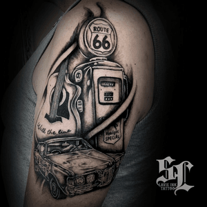 Old days #realism #realismo #realistictattoo #route66 #car #guitartattoo 