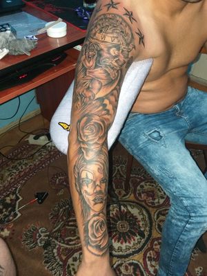 Full sleeve joker woman roses angel dove and watch tattoo with russian stars.
