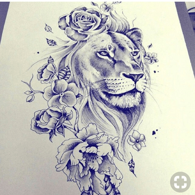 Lion Flowers Tattoo Drawing