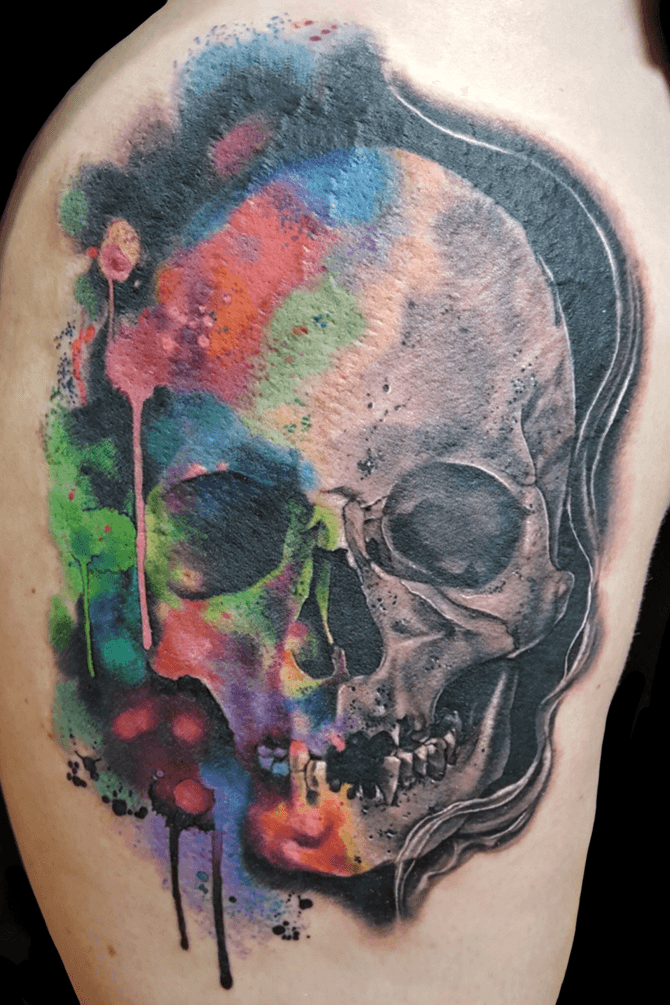 Black Ink Abstract Skull Tattoo On Right Leg Calf