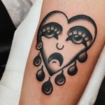 Tattoo by Liam Alvy #LiamAlvy #cryinghearttattoos #cryinghearttattoo #cryingheart #heart #tears #love #heartbreak #blackwork #traditional