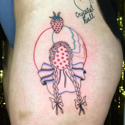 Tattoo by Albie aka albiemakestattoos #Albie #albiemakestattoo #80s #decorevival #surreal #illustrative #strange #funny #color #portrait #strawberry #fruit #food