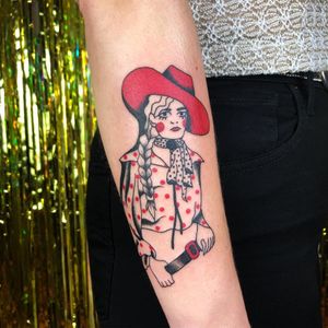 Tattoo by Albie aka albiemakestattoos #Albie #albiemakestattoo #80s #decorevival #surreal #illustrative #strange #funny #color #cowgirl #lady #portrait #cowboyhat