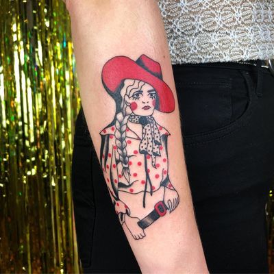 Tattoo by Albie aka albiemakestattoos #Albie #albiemakestattoo #80s #decorevival #surreal #illustrative #strange #funny #color #cowgirl #lady #portrait #cowboyhat