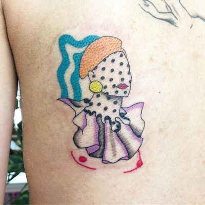 Tattoo by Albie aka albiemakestattoos #Albie #albiemakestattoo #80s #decorevival #surreal #illustrative #strange #funny #color #lady #ladyhead #portrait