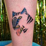 Tattoo by Albie aka albiemakestattoos #Albie #albiemakestattoo #80s #decorevival #surreal #illustrative #strange #funny #color #cat #tiger #junglecat