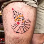 Tattoo by Albie aka albiemakestattoos #Albie #albiemakestattoo #80s #decorevival #surreal #illustrative #strange #funny #color #jester #portrait #face