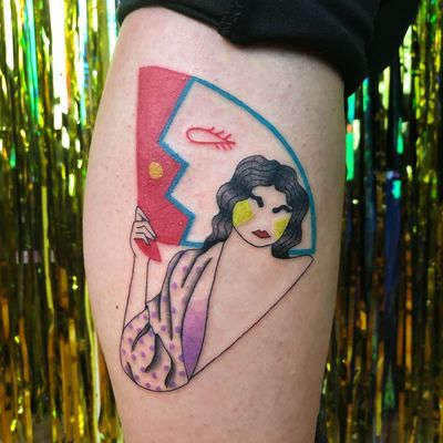 Tattoo by Albie aka albiemakestattoos #Albie #albiemakestattoo #80s #decorevival #surreal #illustrative #strange #funny #color #lady #ladyhead #fan