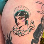Tattoo by Albie aka albiemakestattoos #Albie #albiemakestattoo #80s #decorevival #surreal #illustrative #strange #funny #color #portrait #lady #ladyhead