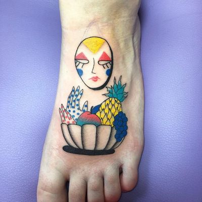 Tattoo by Albie aka albiemakestattoos #Albie #albiemakestattoo #80s #decorevival #surreal #illustrative #strange #funny #color #mask #portrait #face #fruitbowl #apple #fruit #pineapple #grapes