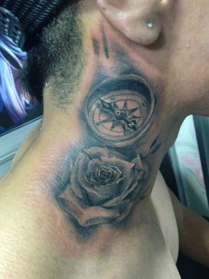 #tattoo #necktattoo #rose #rosetattoo #compass #compasstattoo #blackandgrey #blackandgreytattoo #eternalink
