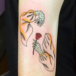 Tattoo by Albie aka albiemakestattoos #Albie #albiemakestattoo #80s #decorevival #surreal #illustrative #strange #funny #color #hand #rose #flower #floral