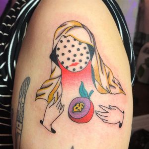Tattoo by Albie aka albiemakestattoos #Albie #albiemakestattoo #80s #decorevival #surreal #illustrative #strange #funny #color #virginmary #fruit #food #lady #ladyhead #portrait