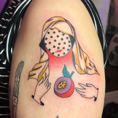 Tattoo by Albie aka albiemakestattoos #Albie #albiemakestattoo #80s #decorevival #surreal #illustrative #strange #funny #color #virginmary #fruit #food #lady #ladyhead #portrait