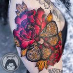 Tattoo by Giorgia Mae #GiorgiaMae #mothtattoos #mothtattoo #moth #butterfly #insect #nature #animal #neotraditional #gold #filigree #peony #flower #floral #plant
