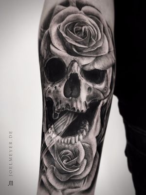 Skull Roses  Realistic Tattoo Black and Grey