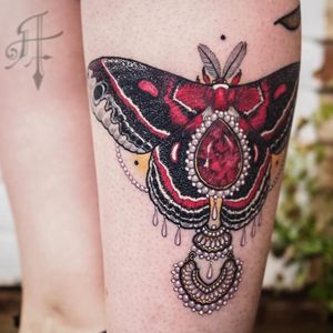 Tattoo by Antony Flemming #AntonyFlemming #mothtattoos #mothtattoo #moth #butterfly #insect #nature #animal #pearls #color #neotraditional #diamonds #ornamental #gem